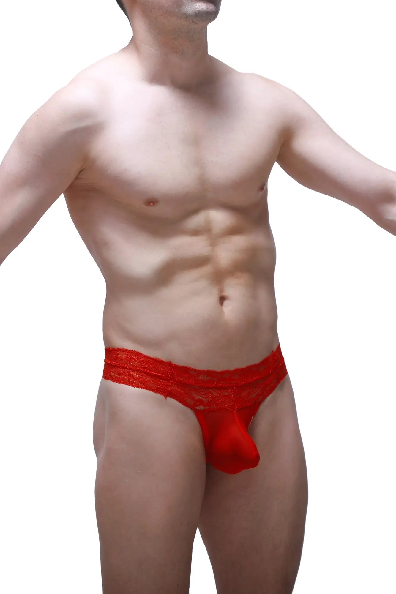 Red lace thong plessis net red with sheer intricate pattern and solid red pouch perfect for intimate wear