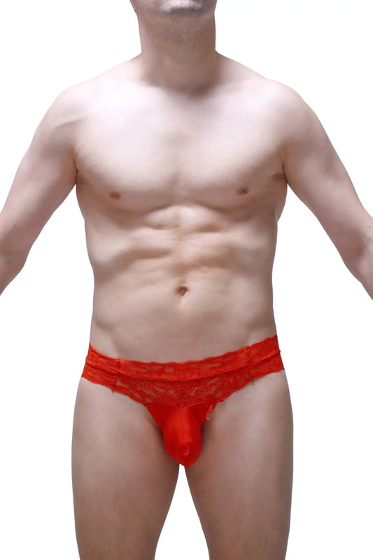 Red lace thong plessis plum red with sheer patterned waistband and solid red pouch visible from the front