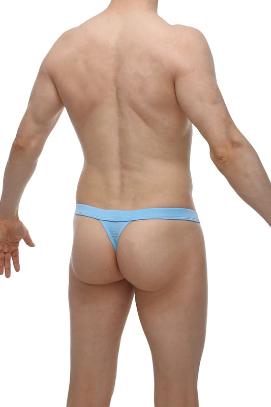 Light blue form-fitting thong made of smooth bamboo fabric shown from the back in thong sillas bamboo blue product