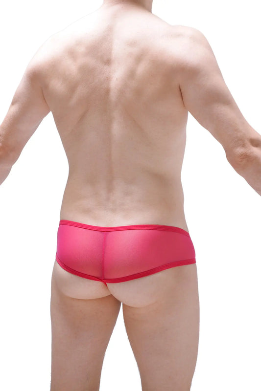 Bright pink sheer mesh briefs with a solid red waistband from the thong toga net fuchsia collection
