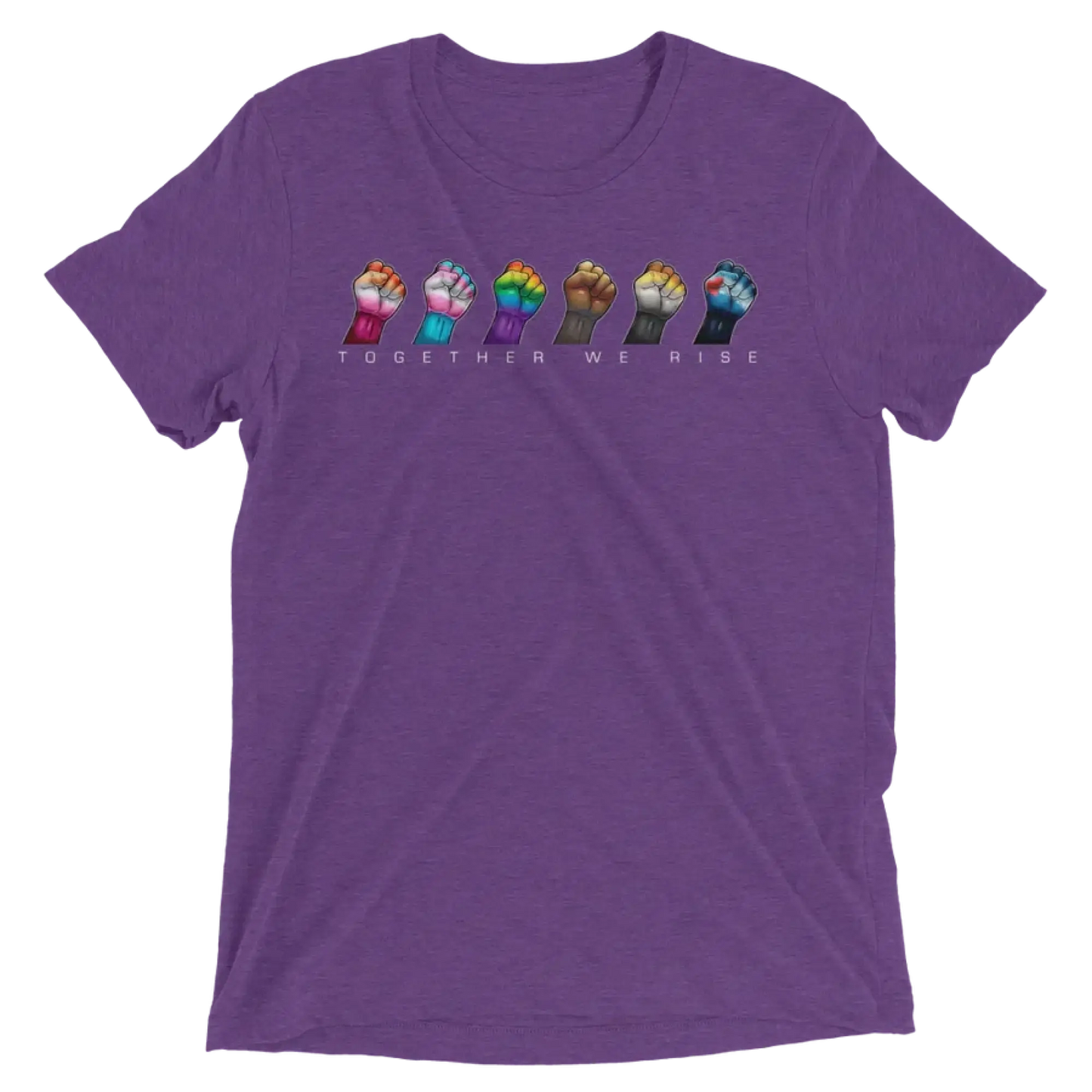 Purple heathered cotton t-shirt featuring five colorful raised fists and the phrase together we rise printed below