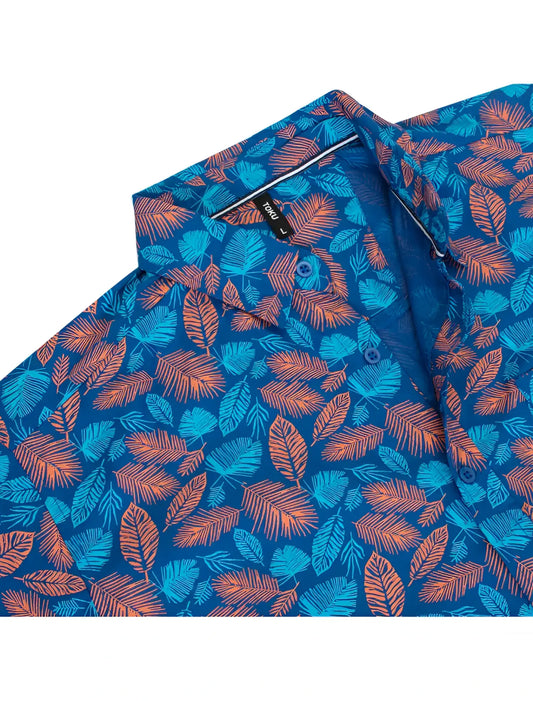 Toku palm print shirt featuring vibrant blue and orange tropical leaf pattern in button-down style