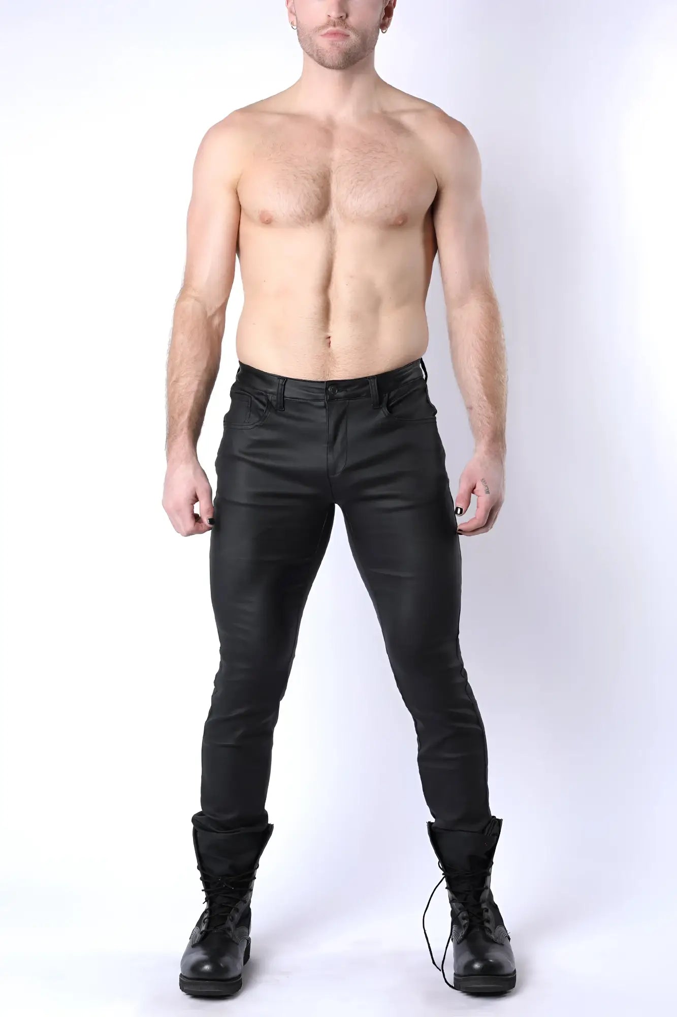 Black faux leather slim-fit toro zipper pants showcasing sleek material and modern design perfect for stylish wear
