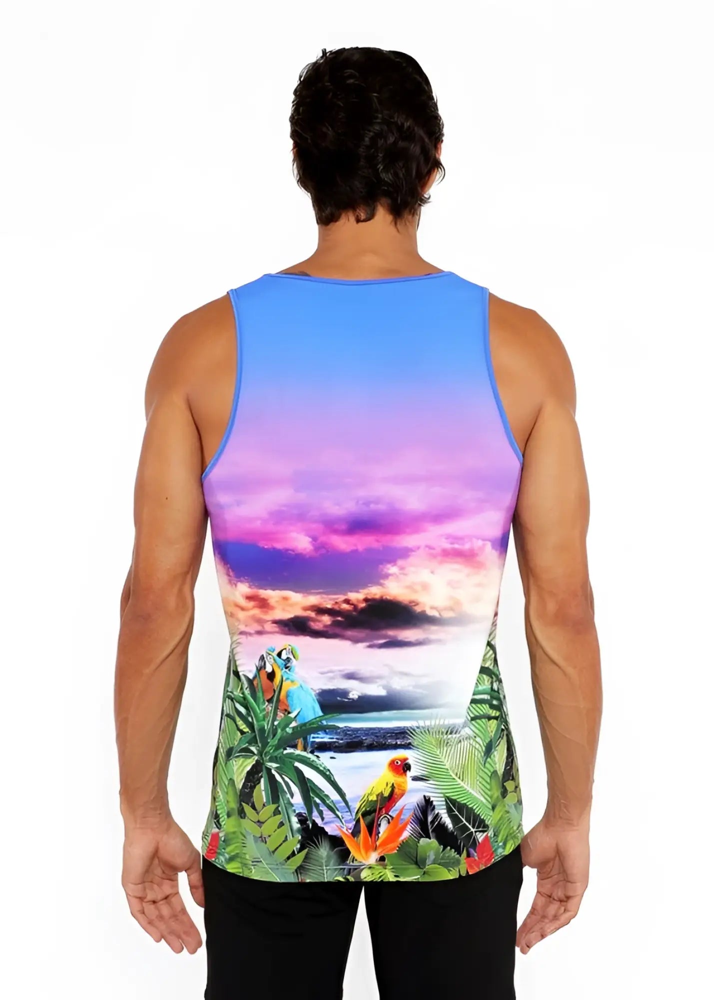 Tropics stretch mesh tank featuring vibrant tropical sunset design with colorful parrots and lush green foliage