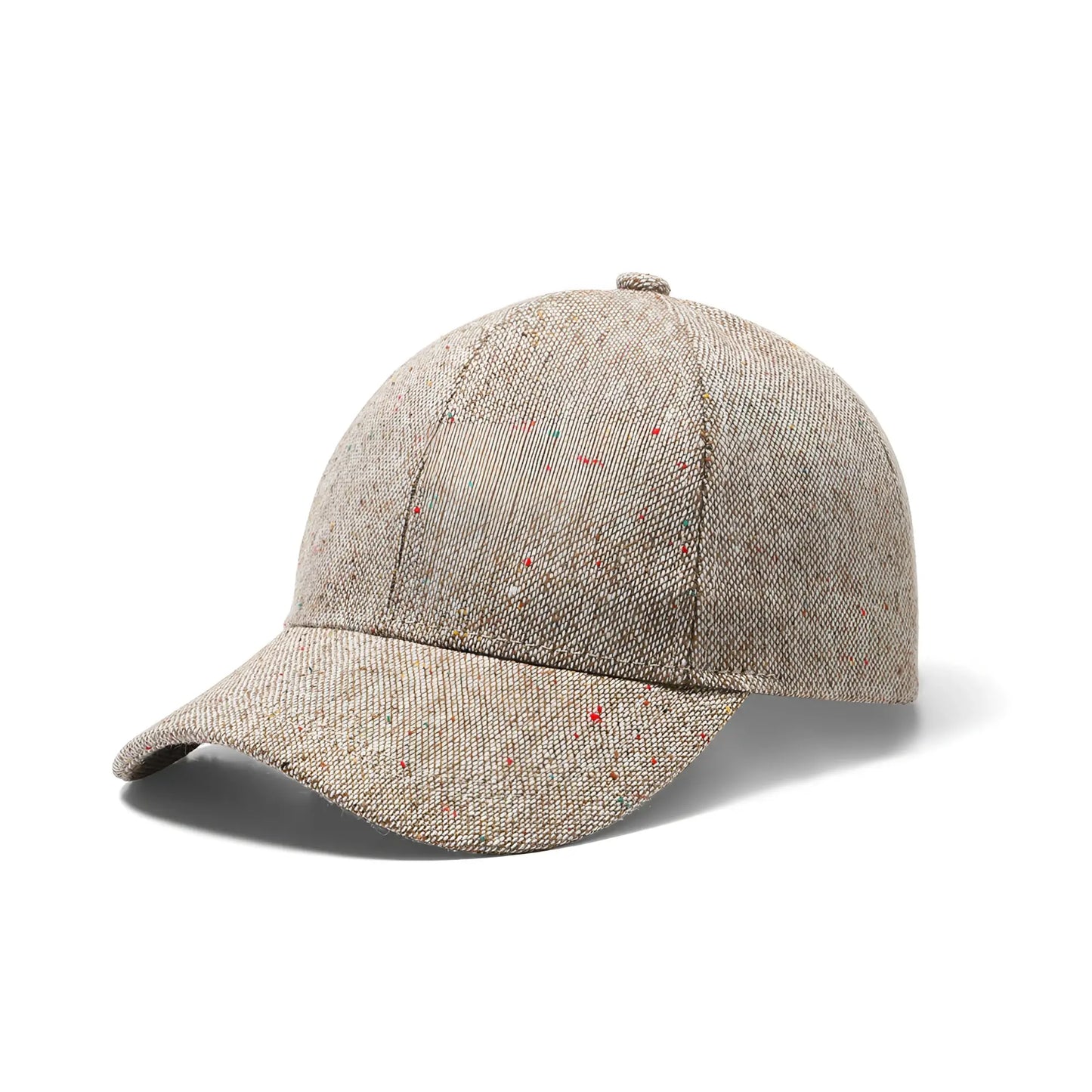 Beige tweed speckled baseball cap with subtle red and green speckles for stylish casual wear