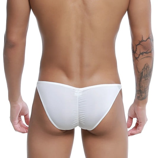 White form-fitting swim trunks with ruched back design from u-station me bikini u0032-100 collection