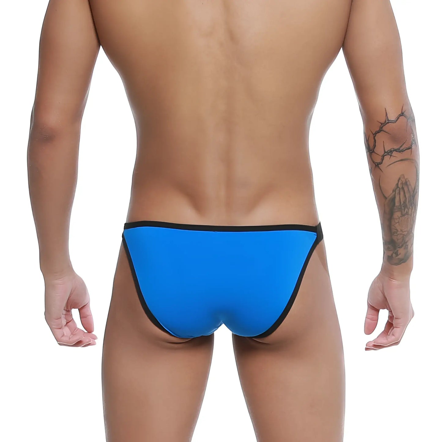 Bright blue u-station calypso bikini royal swim trunks with black trim designed for beach and pool use