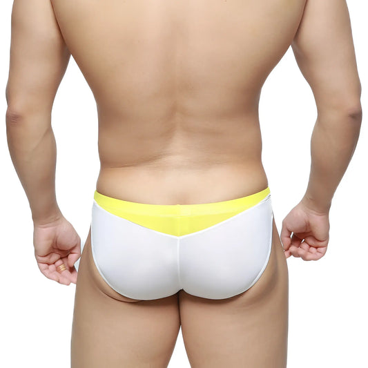 White briefs with a bright yellow waistband from U-Station Fab Brief black U2302-001 showcasing contrast design