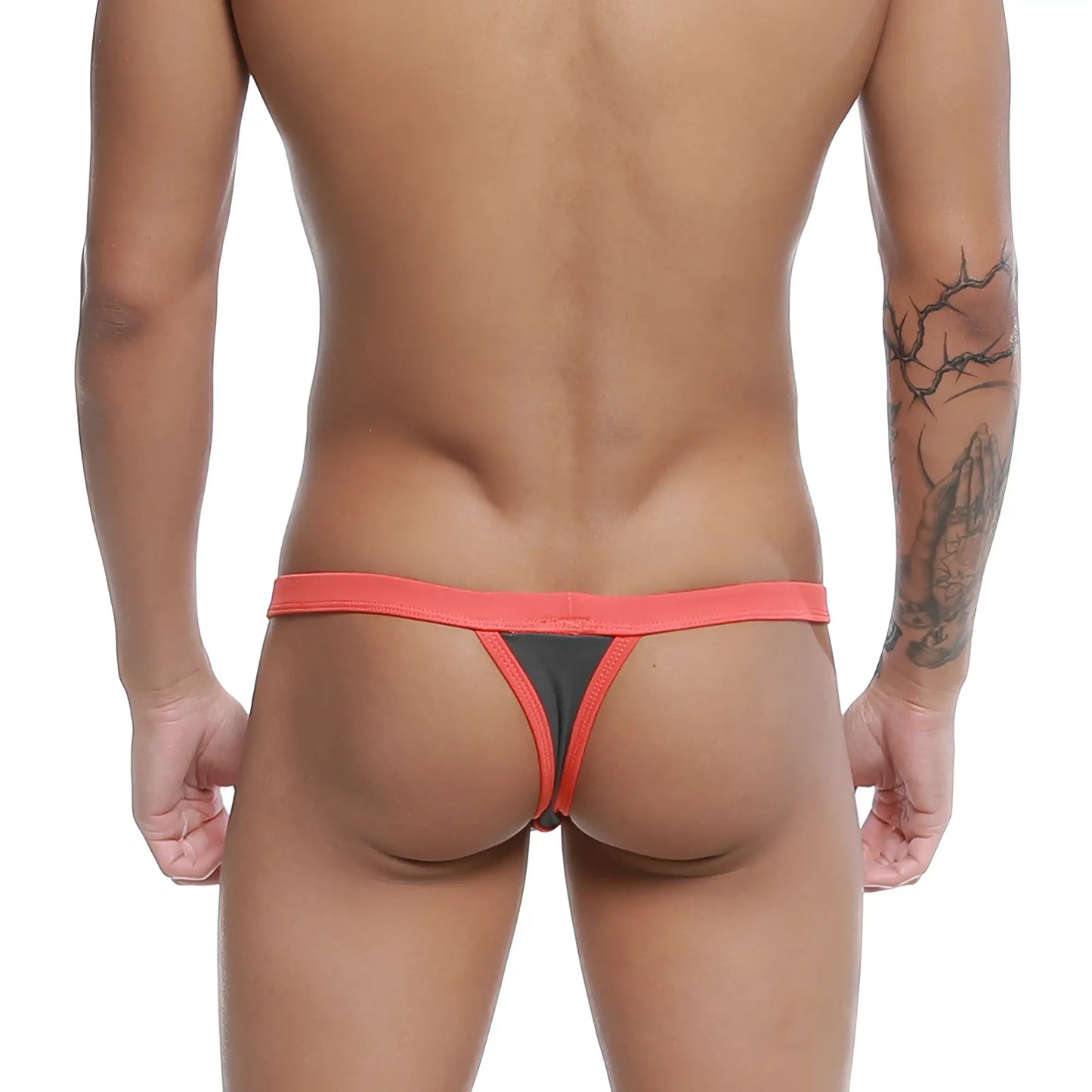 A vibrant coral-red u-station frisa thong gray u0124-013 with black inner panel made from smooth elastic fabric
