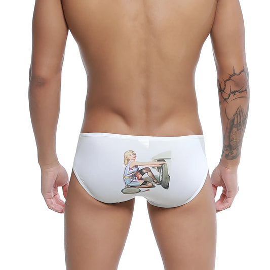 White swim trunks with vintage illustration of a blonde woman in retro racing outfit on classic car wheel, u-station repair bikini u0022-111