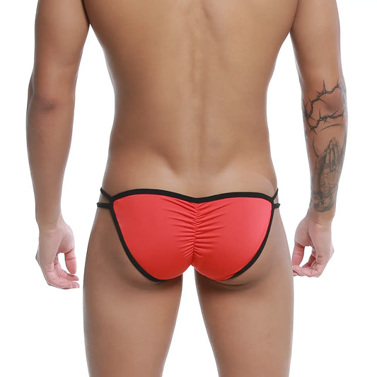 Back view of u-station skeleton bikini red u0062-600 thong with ruched back and elastic waistband in red and black