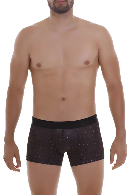 Black Unico Astros trunks with subtle white dot pattern and matching black elastic waistband for comfortable fit