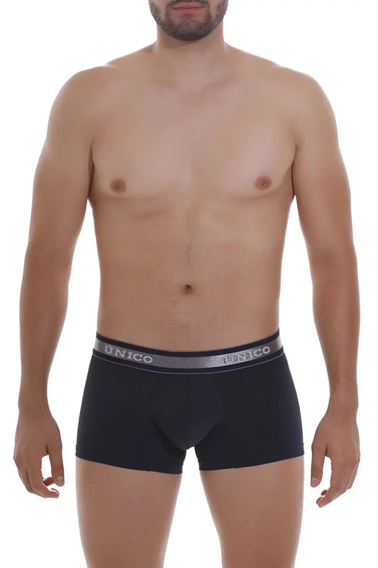 Black unico men’s briefs with gray elastic waistband and white brand name lettering in dark blue color