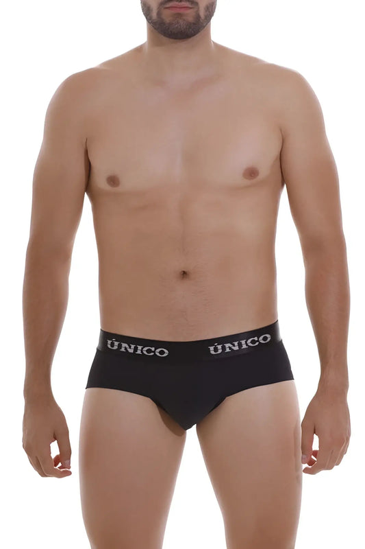 Black unico intenso a22 briefs in black with a white logo waistband designed for comfortable everyday wear
