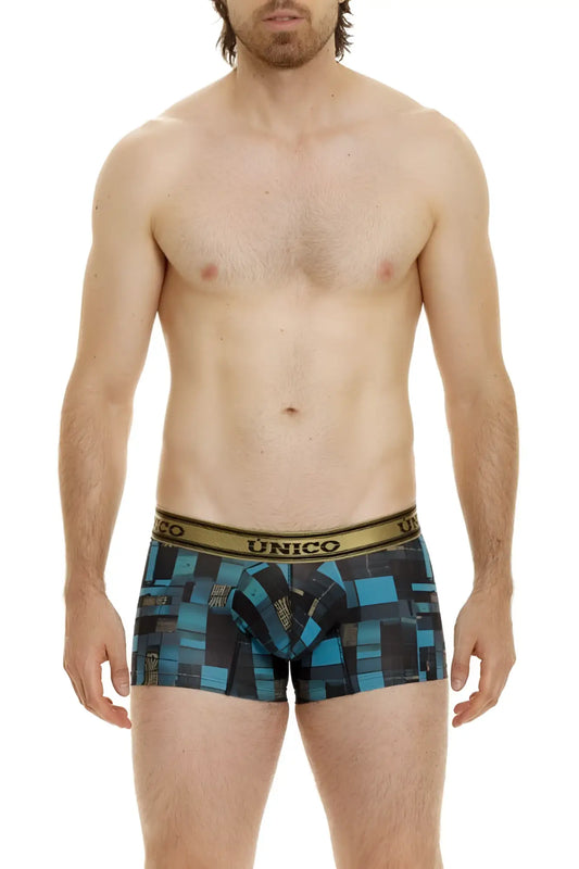 Unico 24010100104 esquema trunks blue and black geometric pattern boxer briefs with gold waistband front side view