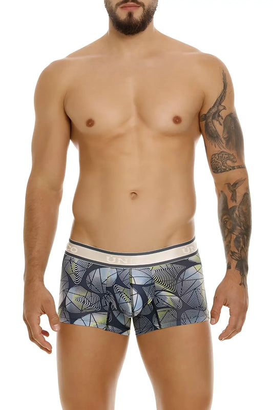 Unico 24100100113 resplandecer trunks color 59 gray men’s boxer briefs with dark blue and gray abstract pattern and white waistband