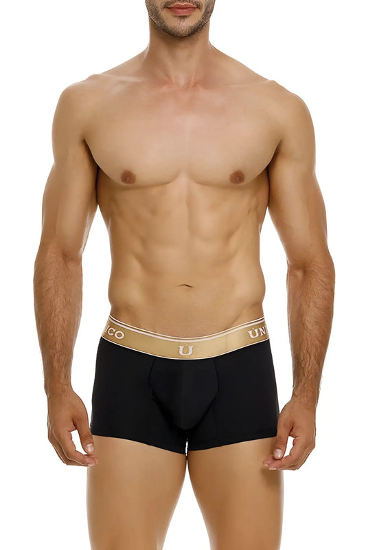 Black unico 24110100110 lingote trunks briefs with a gold waistband featuring the unico brand logo in black color