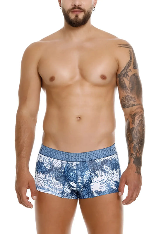 Blue and white patterned nico Barniz trunks with decorative waistband in blue for men
