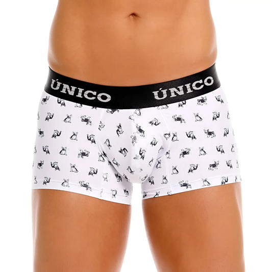 White unico 25040100130 frenchis trunks with black waistband and small black cartoon dog pattern on white briefs