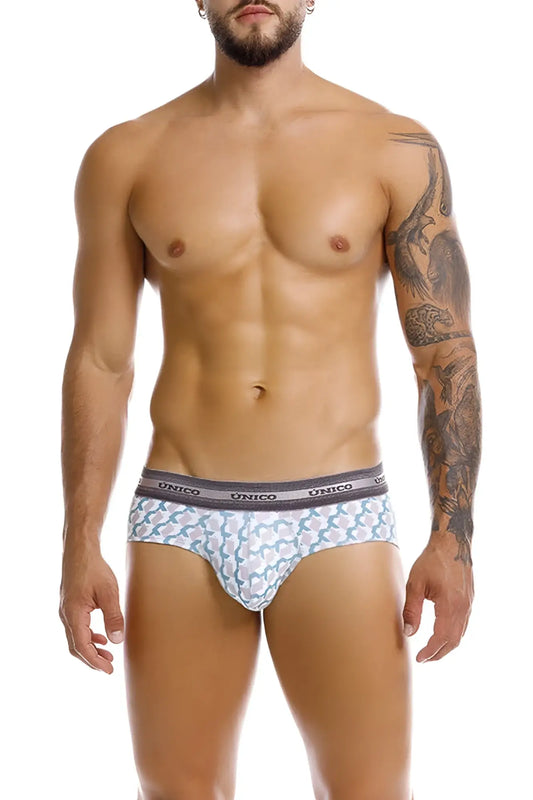 White briefs by unico with light blue and gray geometric pattern and branded elastic waistband in color 43 printed design