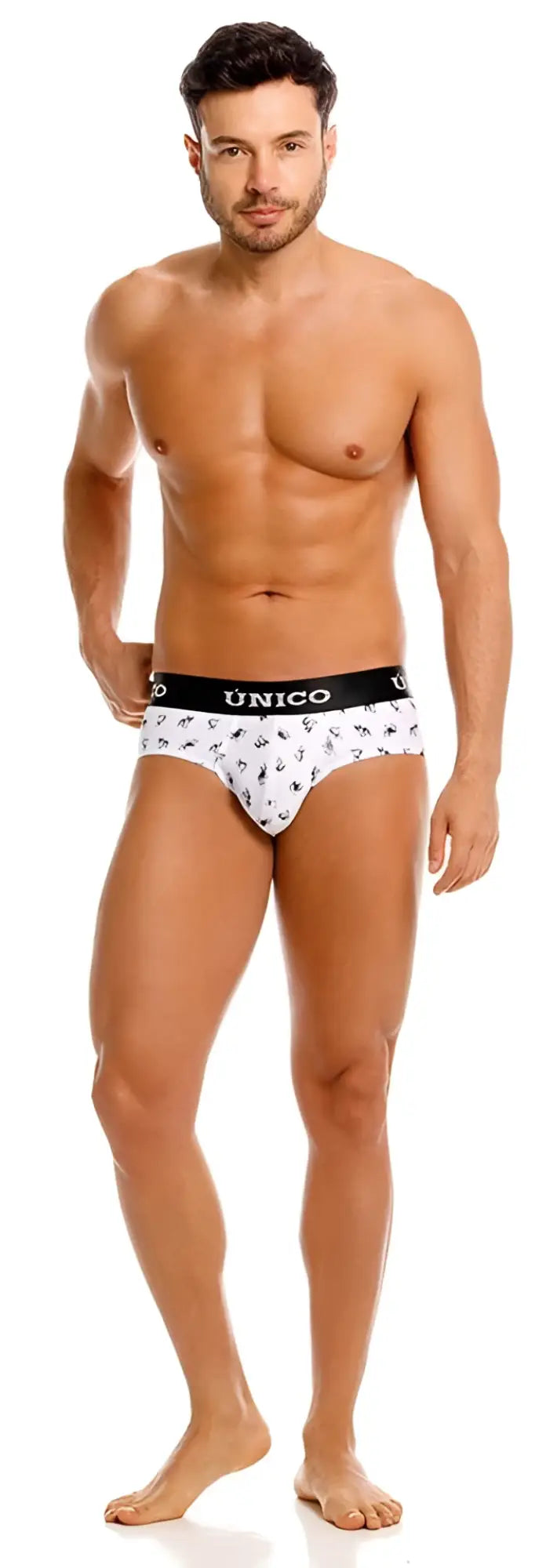 Unico 25040101130 frenchis briefs in white with black anchor pattern and contrasting black waistband with unico branding