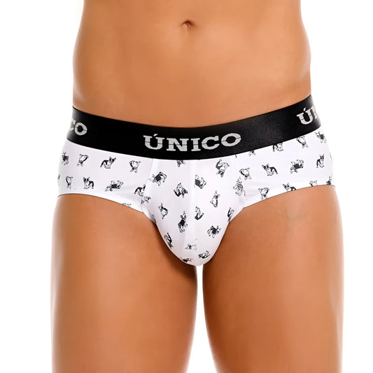White unico 25040101130 frenchis briefs with black waistband and repeating black french bulldog pattern in color white