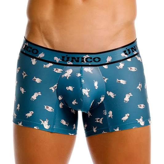 Teal men’s boxer briefs with white pug pattern and unico branded waistband in unico 25060100104 chihuahua trunks blue