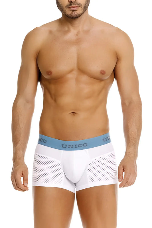 White unico 26020100122 sedoso trunks with light blue waistband and perforated mesh panels on the sides