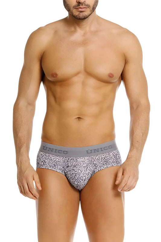 Gray patterned Unico 26020101114 suede briefs with a solid gray waistband featuring the Unico brand name