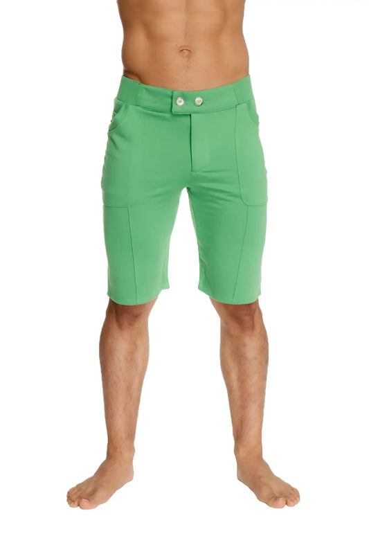 Urban tactical at home dress shorts in bamboo green with a sleek fit and two-button waist closure