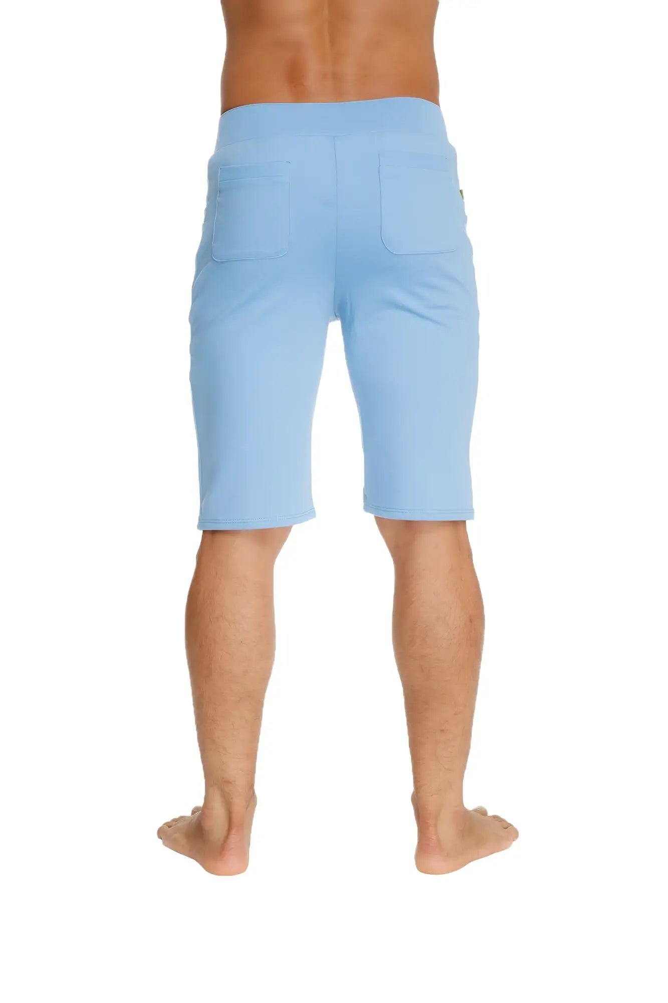 Light blue urban tactical at home dress shorts with soft texture relaxed fit and two back pockets shown from the back