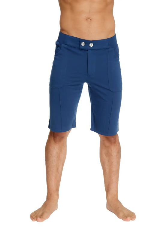Urban tactical at home dress shorts in royal blue with tailored fit silver buttons and subtle side pockets