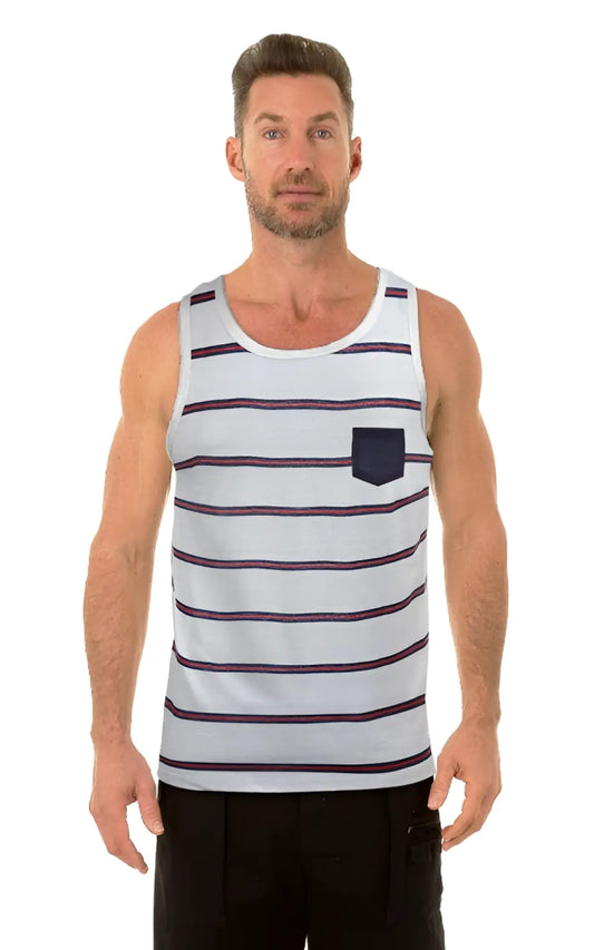Uzzi pocket tank top white with navy blue horizontal stripes and matching chest pocket for casual wear