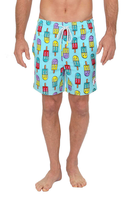 Light blue swim shorts with an allover colorful popsicle print and a white drawstring.