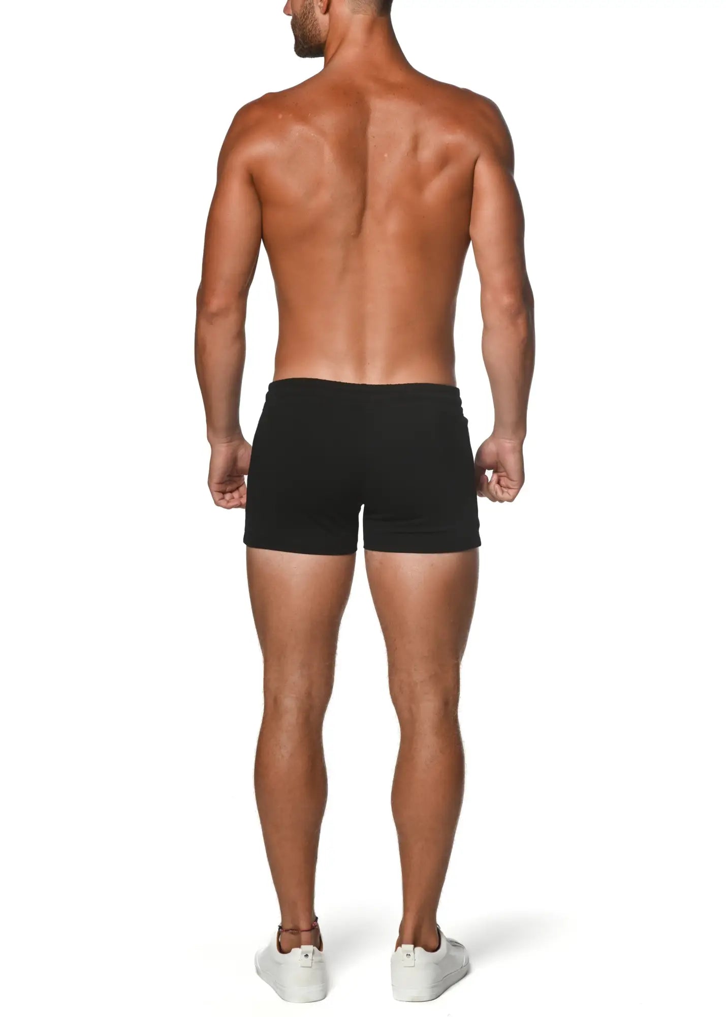 Black vault gym-tech stretch shorts with heat weld zippers featuring smooth form-fitting briefs design