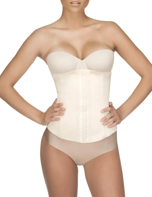 Vedette 103 renee waist cincher in cream color with structured corset design and strapless front button closure