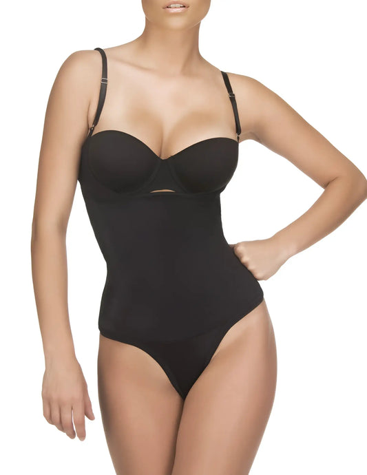 Black seamless bodycon shapewear bodysuit with thin adjustable straps vedette 111 evonne underbust thong