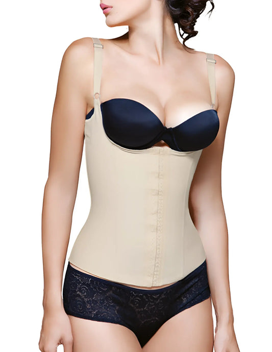 Beige underwire bra with adjustable straps and satin-like finish shown with vedette 200 renee nude latex underbust waist cincher