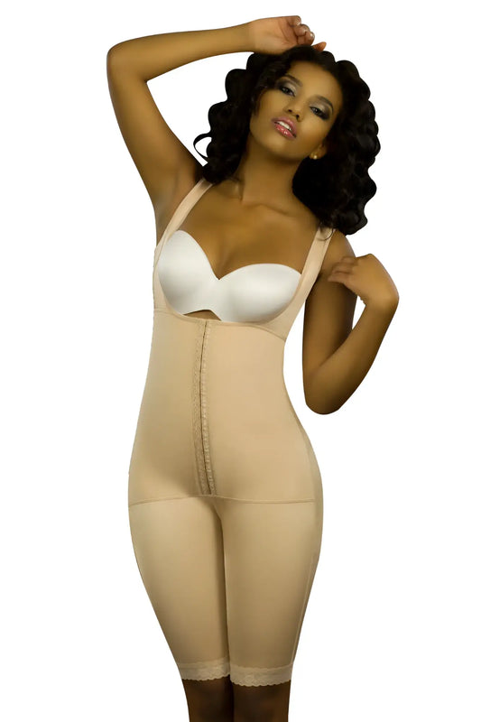 Vedette 350 Marcelle high back full body shaper in nude with beige bodysuit, white bra insert, and lace trim hem