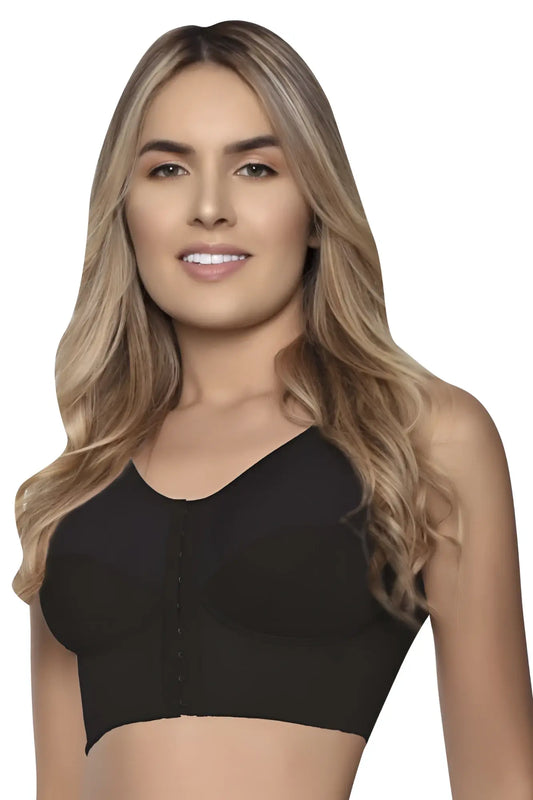 Black vedette 5083 back-support brassiere with seamless underwire-free design front button closure and soft stretch fabric