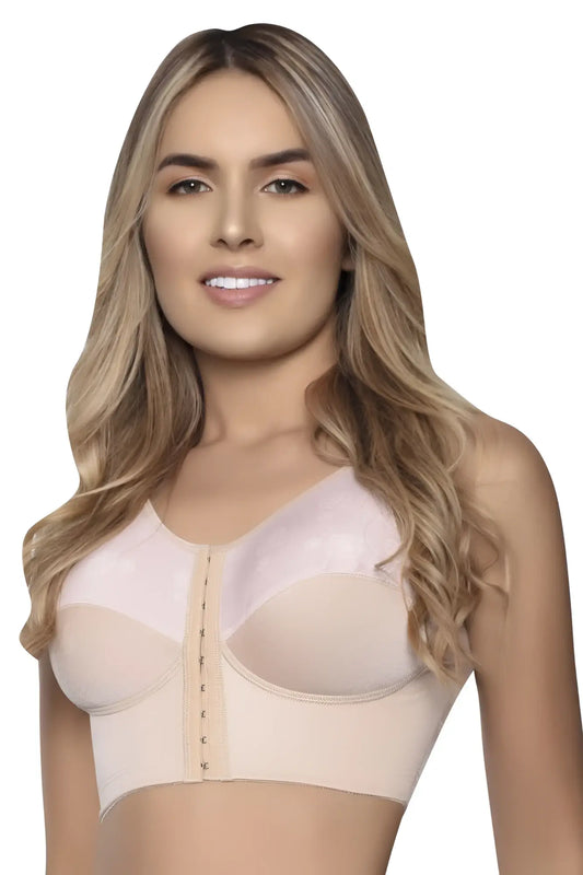 Beige vedette 5083 back-support brassiere with underwire padded cups and central front zipper in nude color