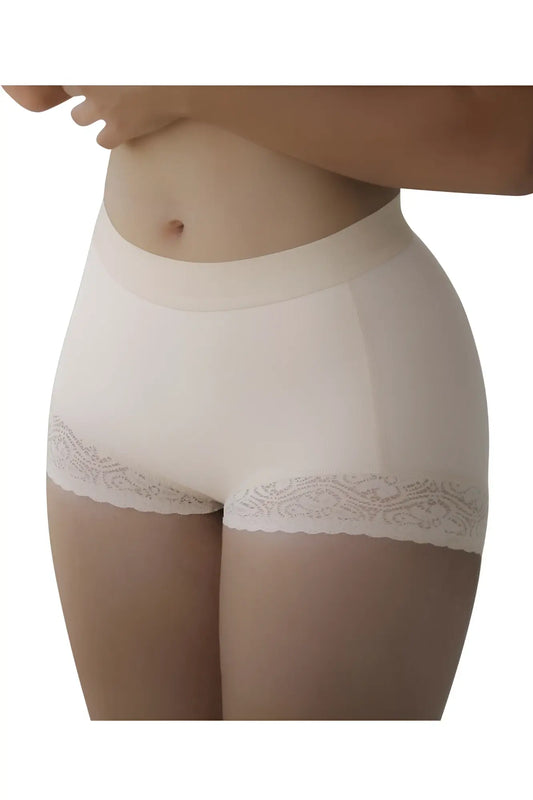 Cream-colored vedette 5092 butt lifter shaper short with high waist and delicate lace trim along leg openings