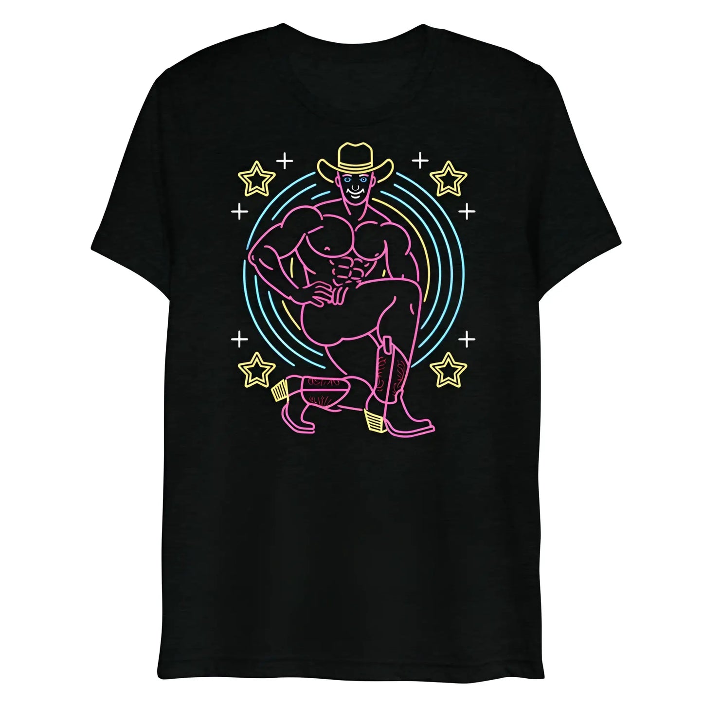 Black cotton t-shirt featuring neon pink and yellow muscular cowboy graphic with stars and circles titled Vegas Rick
