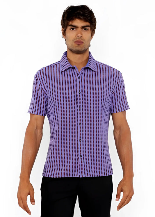 Vertical stripe open stretch knit shirt in purple and dark purple with short sleeves and button-up front