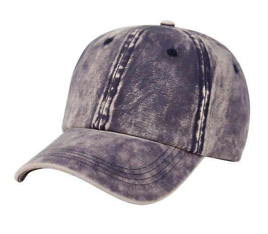 Vintage washed cotton cap in faded gray with classic six-panel design and visible stitching in denim material