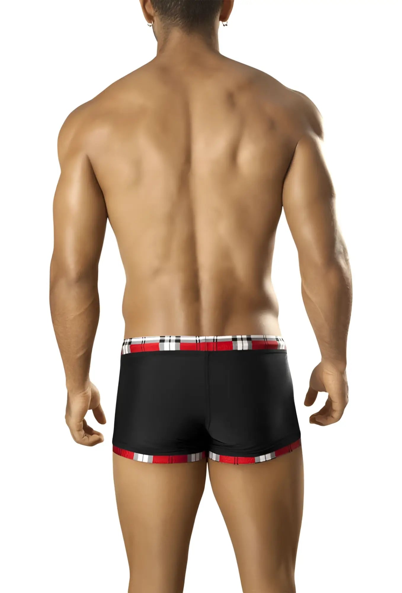 Black Vuthy square cut trunk swimwear with red and white plaid contrast waistband and leg trim size XL