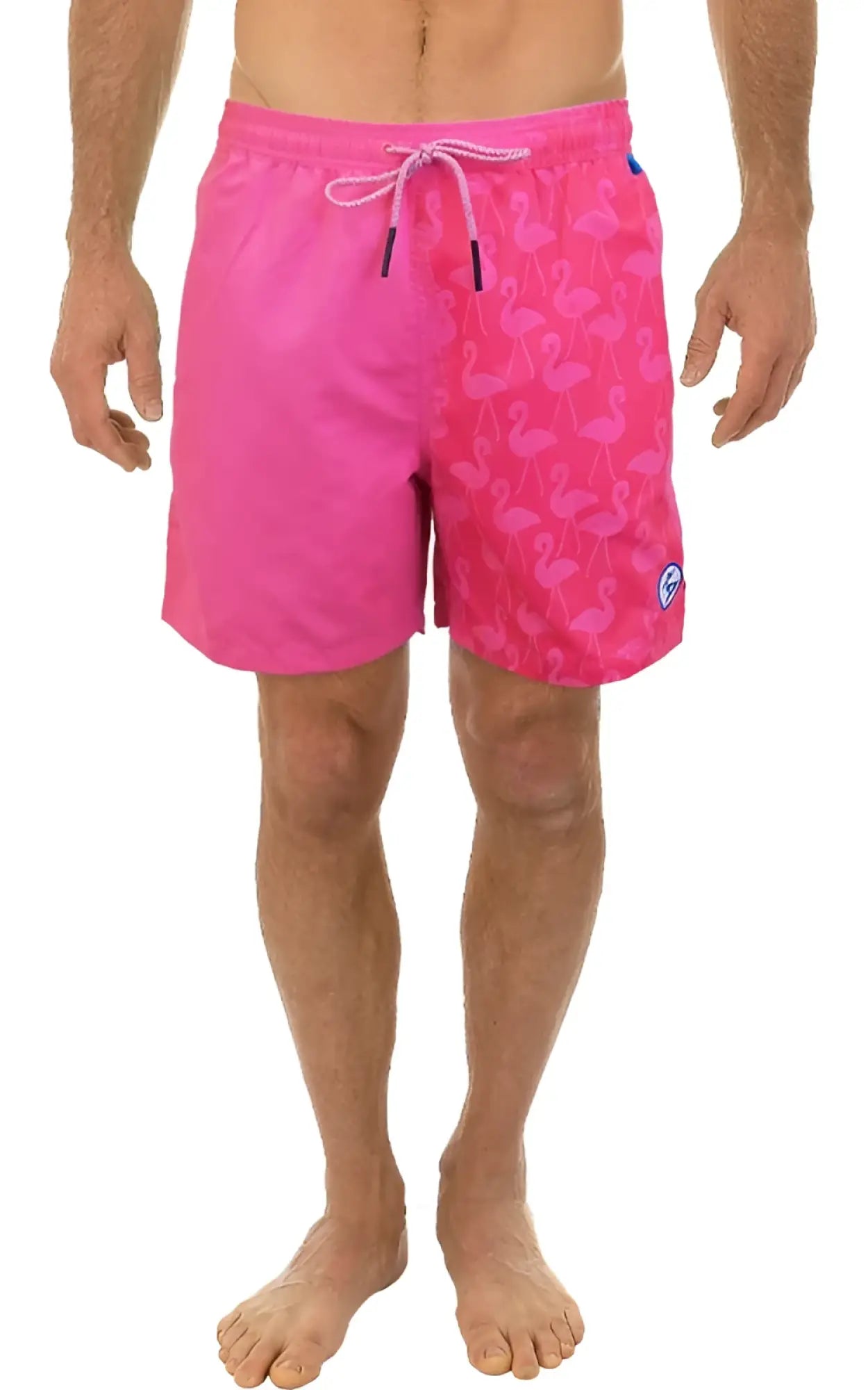 Bright pink water activated swim shorts with subtle flamingo pattern and matching drawstring for beachwear