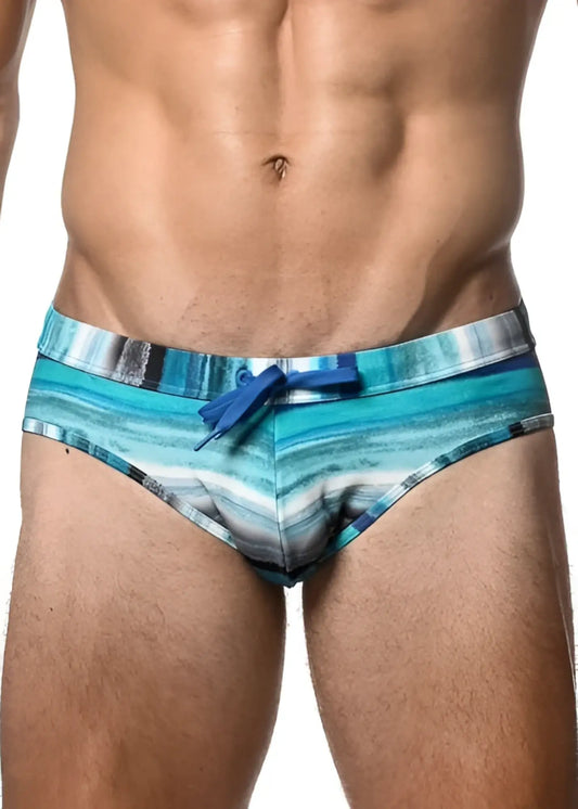 Blue and white watercolor stripe printed swim brief with matching blue drawstring and comfortable fabric for swimming