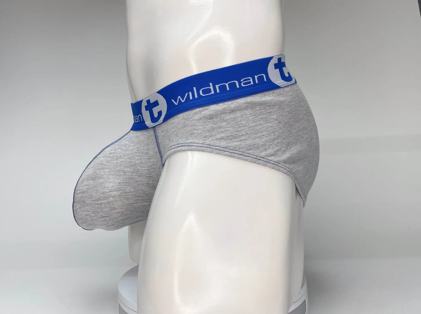 Wildmant big boy pouch cotton brief in gray heather with blue elastic waistband and brand logo visible