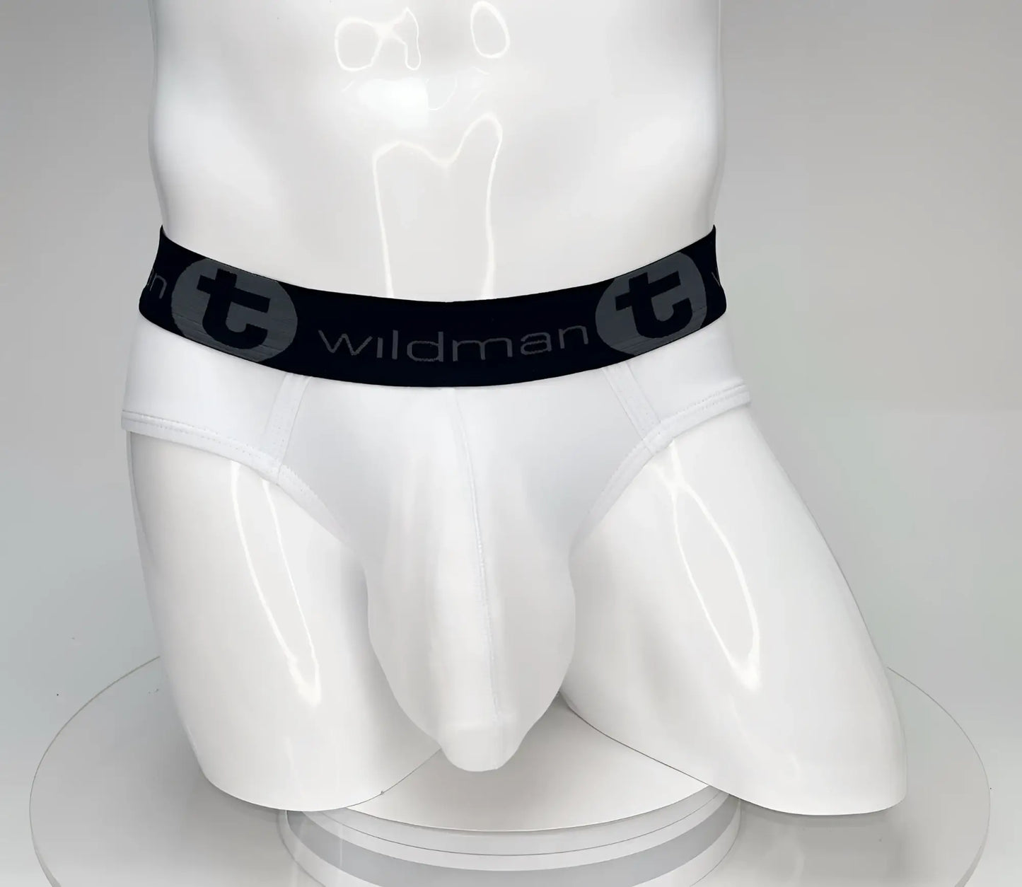 White wildmant big boy pouch cotton briefs with black elastic waistband branded with wildman logo